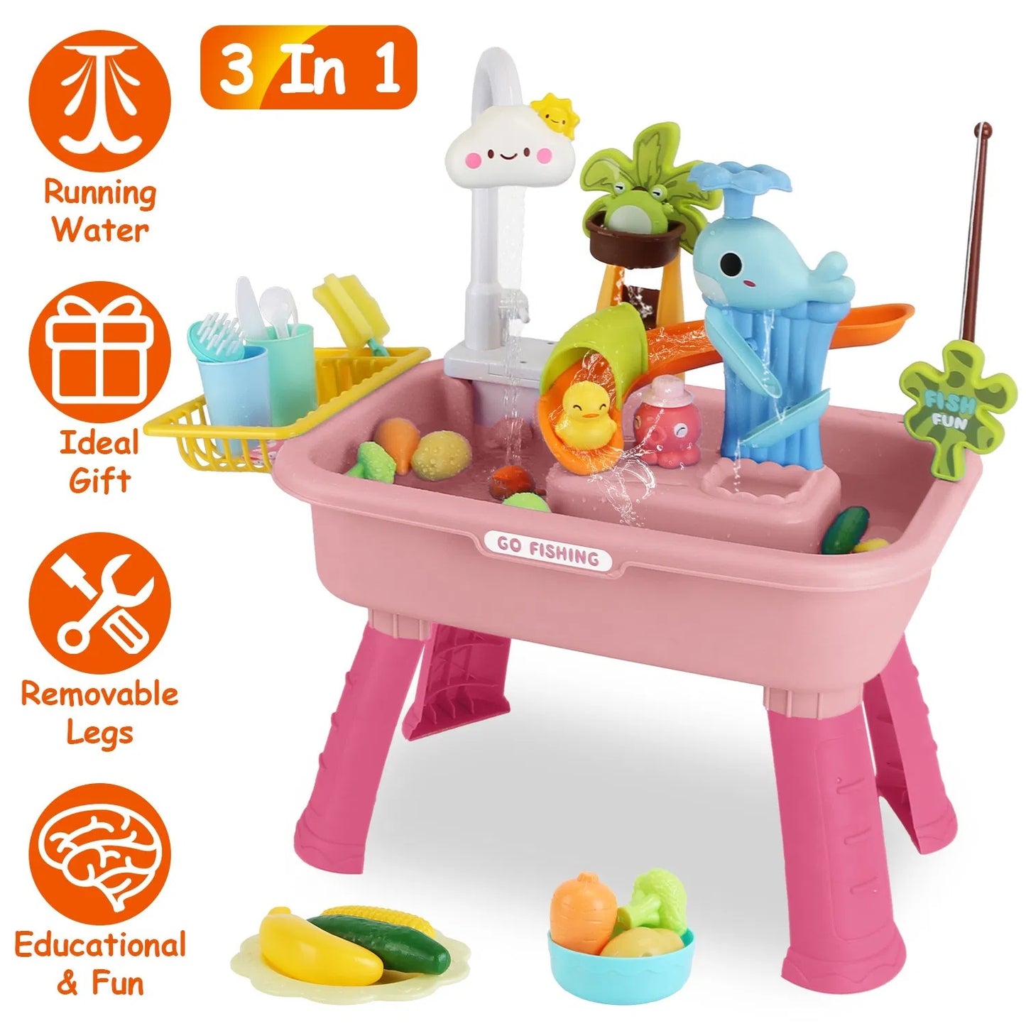 3 In 1 Kitchen Sink Toy With Electric Faucet Water Table Fishing Game Role Play Sink Set Indoor Outdoor For Kids Aged 3+ Years Old GPCT5464