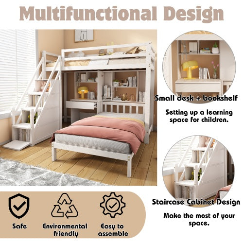 Wood House Bunk Bed 90x190 Cm,Bunk Bed, Double Bed, Multifunctional Children's Bed, Storage Space Function, With Desk And Shelves, With Slatted Frame, White