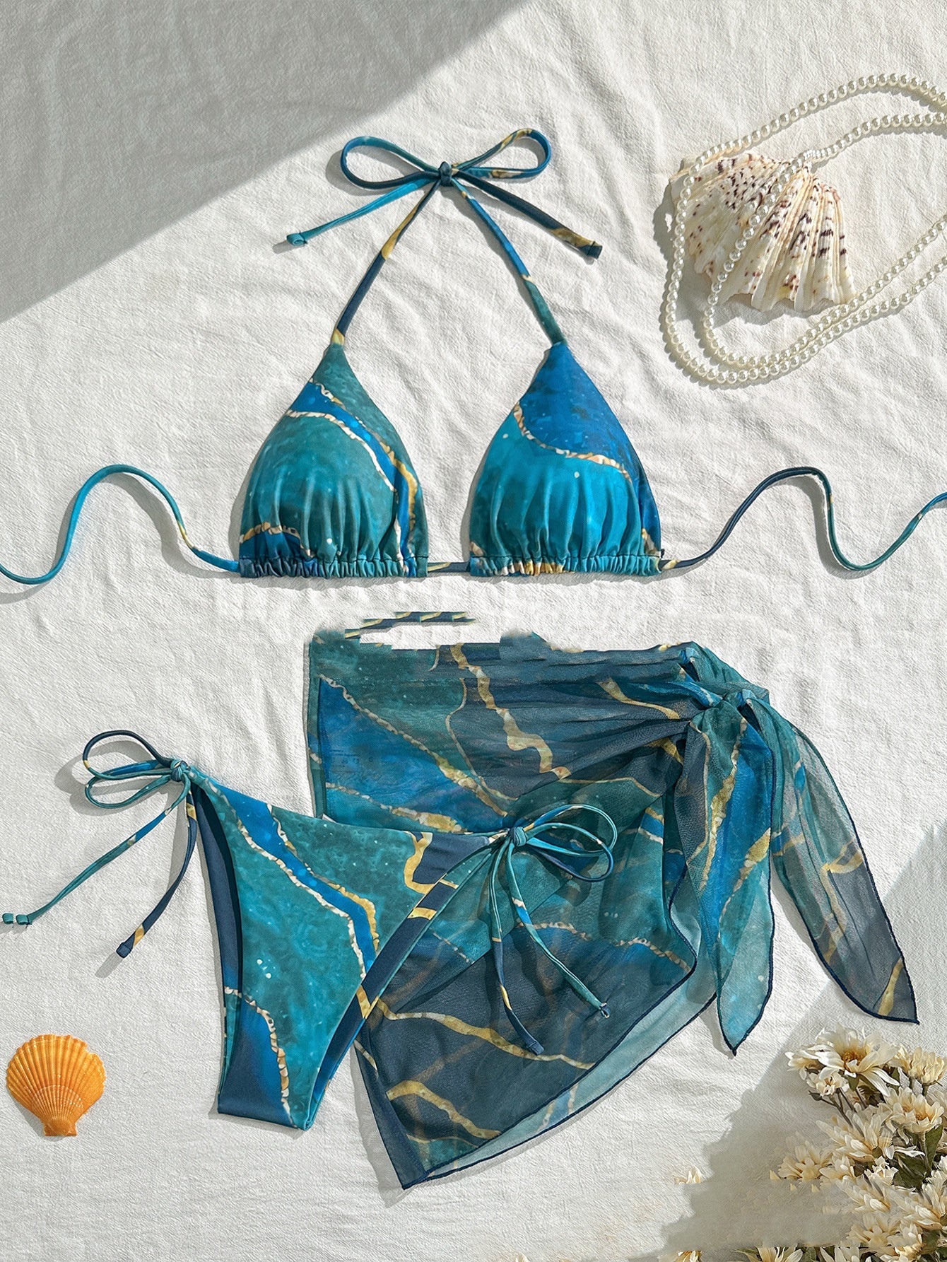 Marble-patterned Mesh Veil Detachable Strap Sexy Bikini Three-piece Set