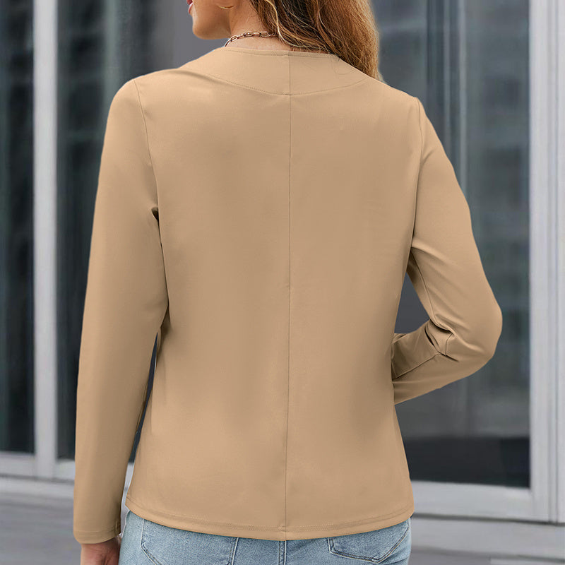 Plus Size Women's Long Sleeve Solid Color Collarless Blazer Jacket Simple Stylish Design, Essential Spring & Fall Top