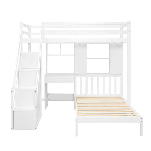 Wood House Bunk Bed 90x190 Cm,Bunk Bed, Double Bed, Multifunctional Children's Bed, Storage Space Function, With Desk And Shelves, With Slatted Frame, White