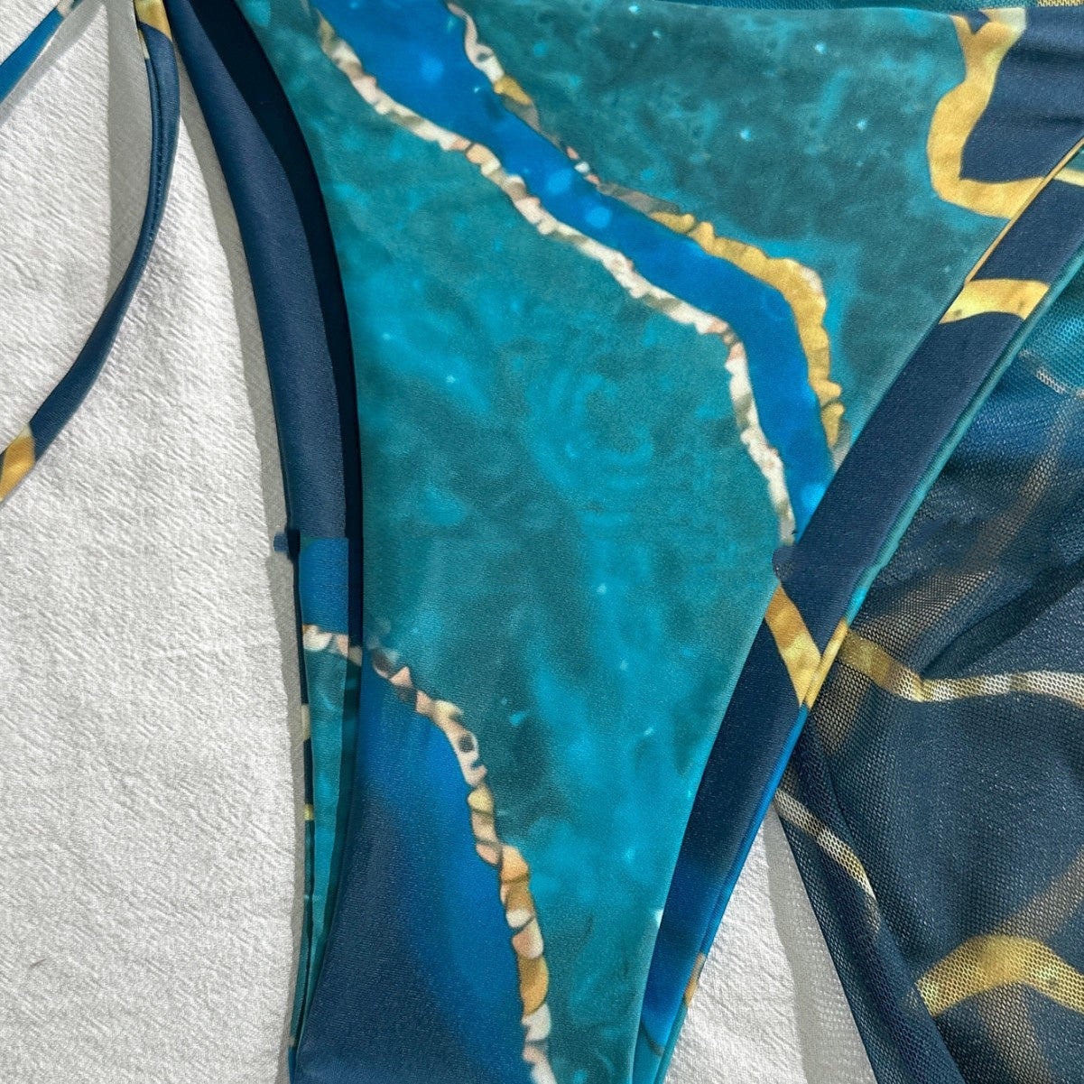 Marble-patterned Mesh Veil Detachable Strap Sexy Bikini Three-piece Set