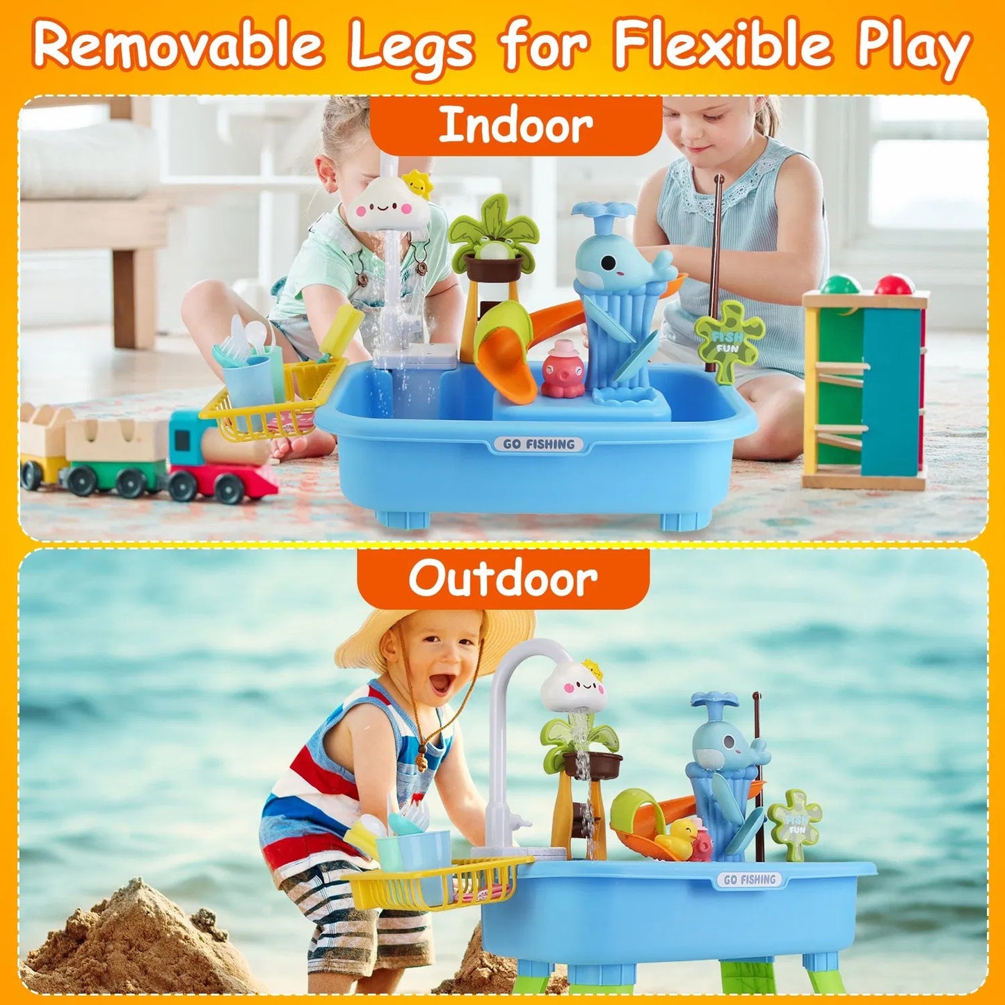 3 In 1 Kitchen Sink Toy With Electric Faucet Water Table Fishing Game Role Play Sink Set Indoor Outdoor For Kids Aged 3+ Years Old GPCT5464