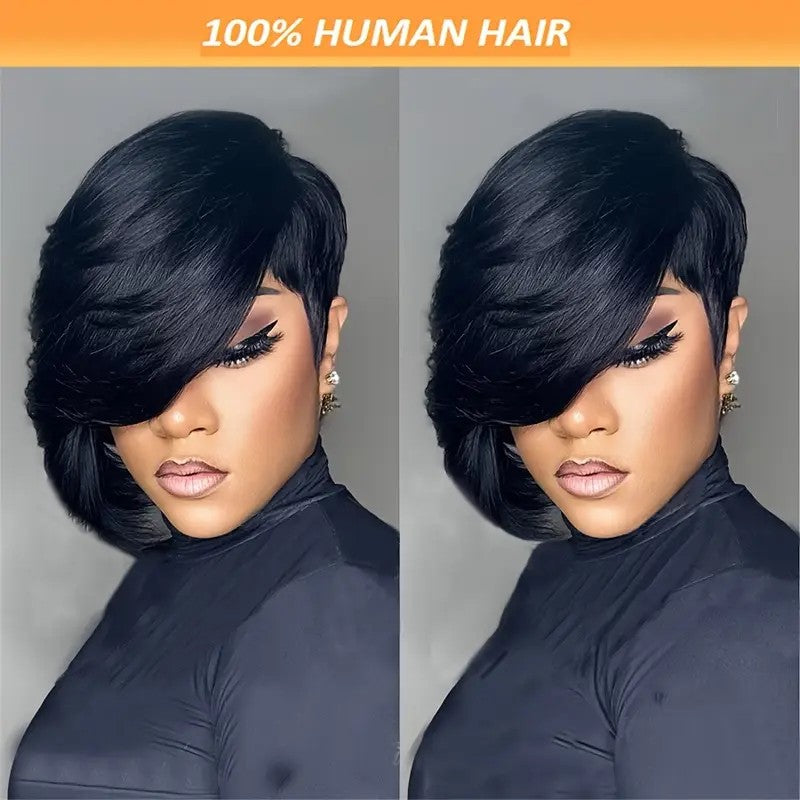 Straight Black Elegant 8 PixieCut Wig For Women -Glueless Human Hairwith Long Bangs, Everyday Style Wig L SleekShort Wig   Wig Accessories