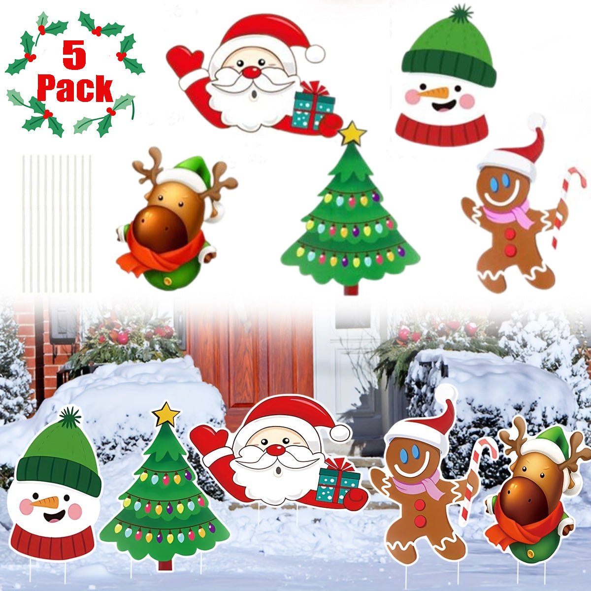 5 Pack Christmas Outdoor Yard Signs With Stakes Christmas Tree Reindeer Santa Gingerbread Snowman Signs Holiday Garden Sign For Xmas Winter Party Porch Lawn Walkway Decorations Outdoor Christmas Scene