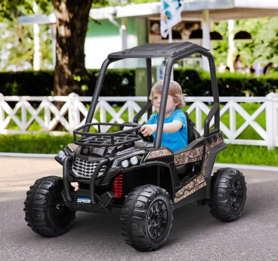 12V Kids Off-Road UTV Electric Ride On Car Black Camouflage High Roof Remote Control Lights MP3 Adventure Toys