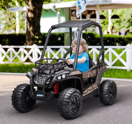 12V Kids Off-Road UTV Electric Ride On Car Black Camouflage High Roof Remote Control Lights MP3 Adventure Toys