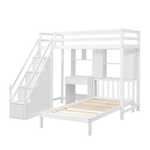 Wood House Bunk Bed 90x190 Cm,Bunk Bed, Double Bed, Multifunctional Children's Bed, Storage Space Function, With Desk And Shelves, With Slatted Frame, White