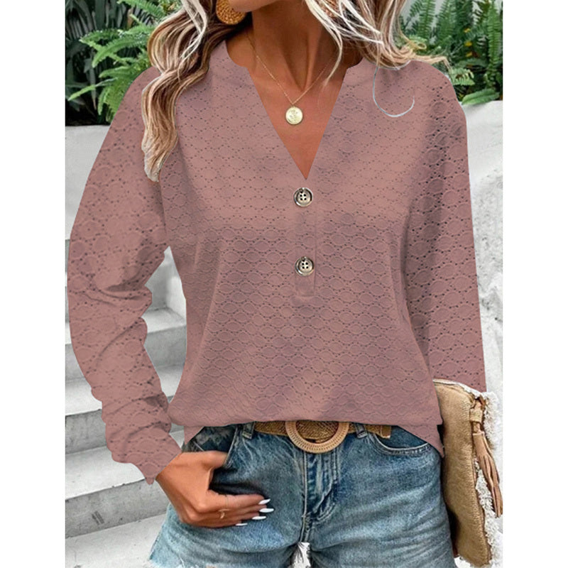 Women's Long Sleeve Shirts Dressy Casual Button V Neck Tops Loose Fit Trendy Fall Clothes