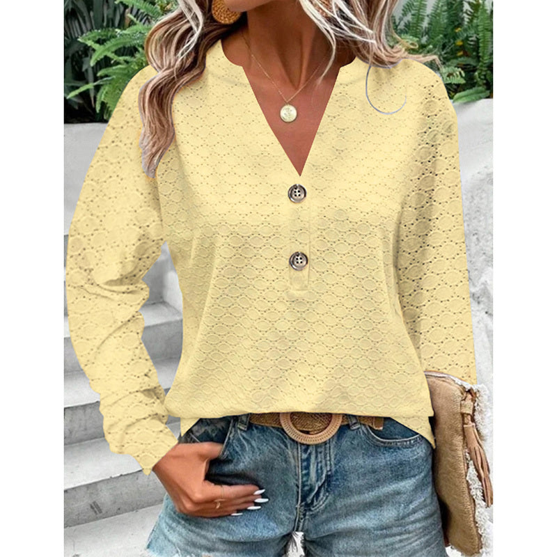 Women's Long Sleeve Shirts Dressy Casual Button V Neck Tops Loose Fit Trendy Fall Clothes
