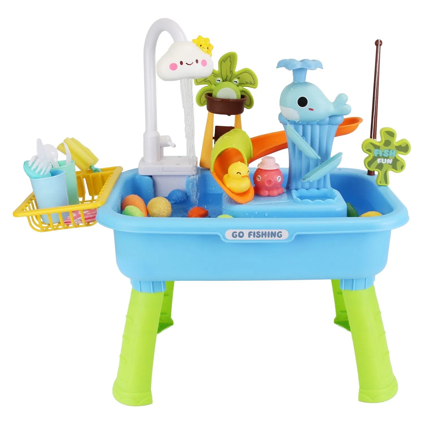 3 In 1 Kitchen Sink Toy With Electric Faucet Water Table Fishing Game Role Play Sink Set Indoor Outdoor For Kids Aged 3+ Years Old GPCT5464