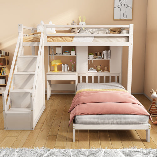 Wood House Bunk Bed 90x190 Cm,Bunk Bed, Double Bed, Multifunctional Children's Bed, Storage Space Function, With Desk And Shelves, With Slatted Frame, White