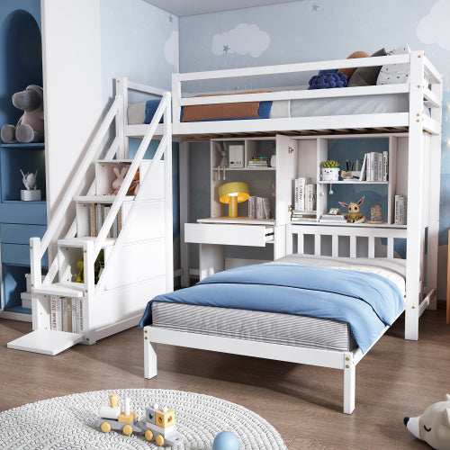 Wood House Bunk Bed 90x190 Cm,Bunk Bed, Double Bed, Multifunctional Children's Bed, Storage Space Function, With Desk And Shelves, With Slatted Frame, White