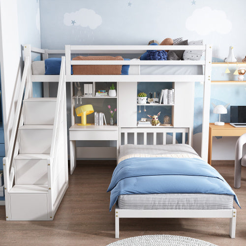Wood House Bunk Bed 90x190 Cm,Bunk Bed, Double Bed, Multifunctional Children's Bed, Storage Space Function, With Desk And Shelves, With Slatted Frame, White