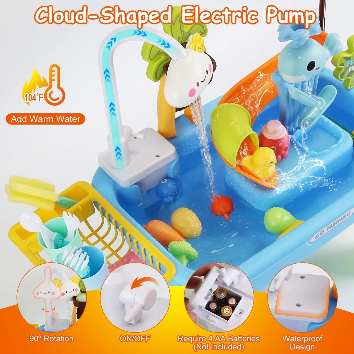 3 In 1 Kitchen Sink Toy With Electric Faucet Water Table Fishing Game Role Play Sink Set Indoor Outdoor For Kids Aged 3+ Years Old GPCT5464