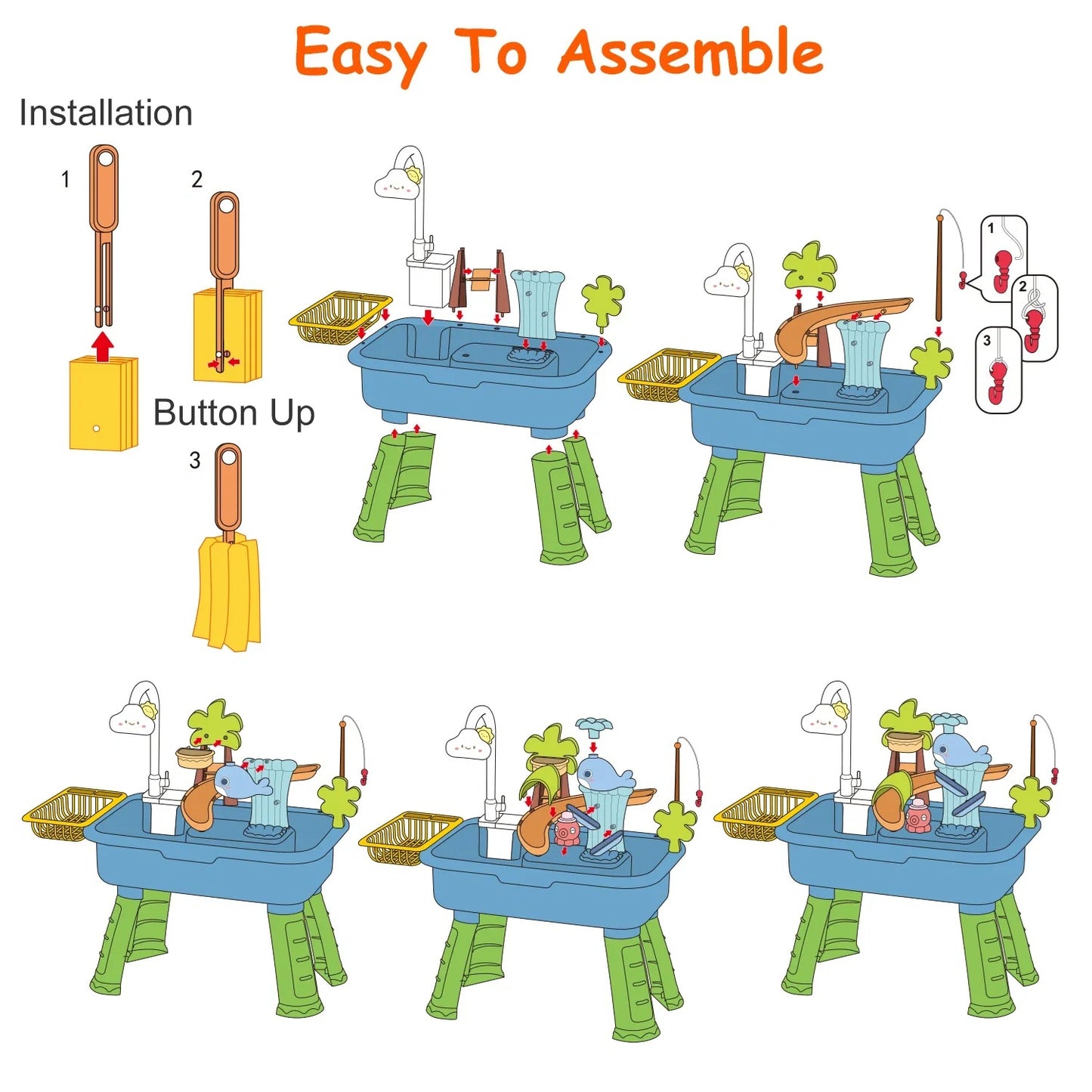 3 In 1 Kitchen Sink Toy With Electric Faucet Water Table Fishing Game Role Play Sink Set Indoor Outdoor For Kids Aged 3+ Years Old GPCT5464