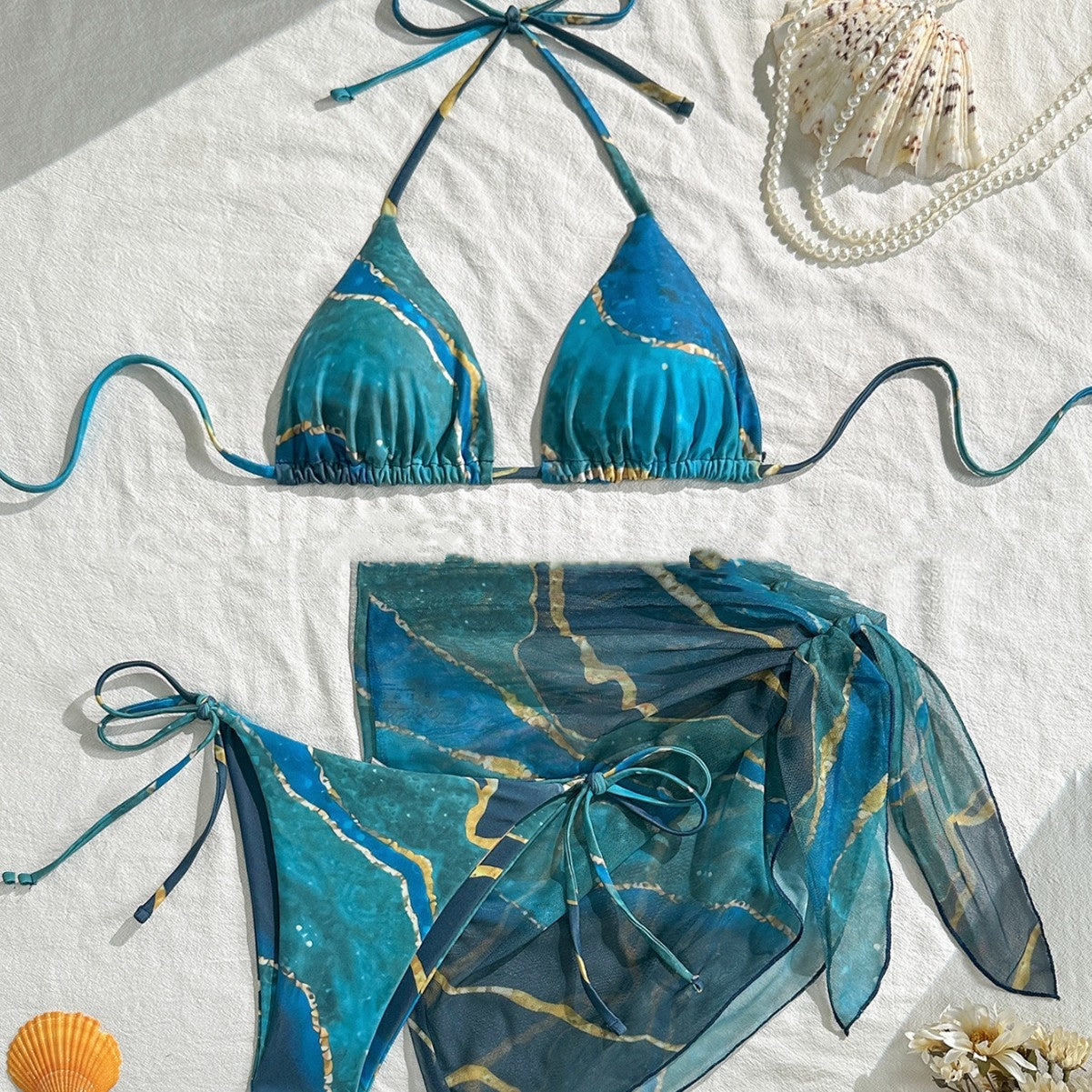 Marble-patterned Mesh Veil Detachable Strap Sexy Bikini Three-piece Set