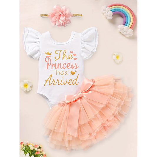 3PCS Newborn Baby Girl Outfits Infant Letter Print Romper & Tutu Skirt & Headband Coming Home Clothes Set