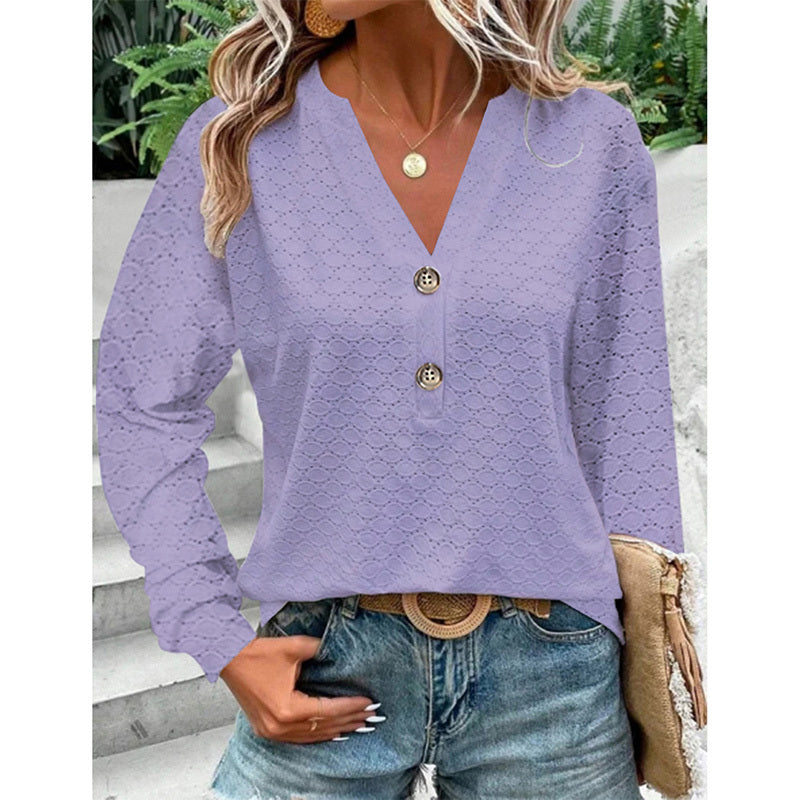 Women's Long Sleeve Shirts Dressy Casual Button V Neck Tops Loose Fit Trendy Fall Clothes