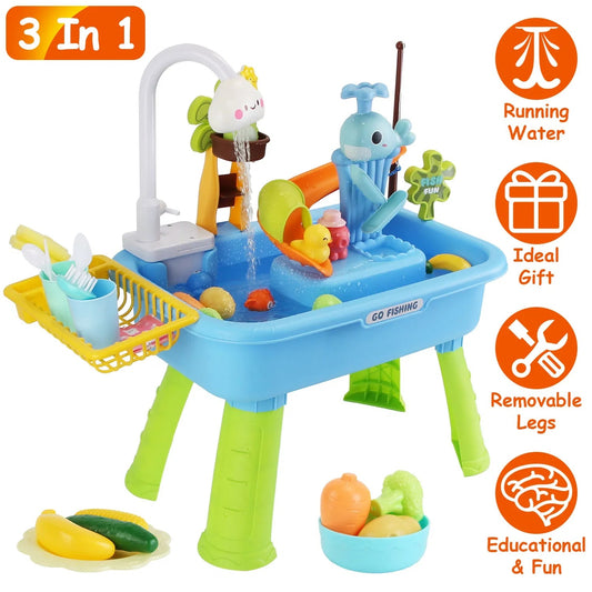 3 In 1 Kitchen Sink Toy With Electric Faucet Water Table Fishing Game Role Play Sink Set Indoor Outdoor For Kids Aged 3+ Years Old GPCT5464