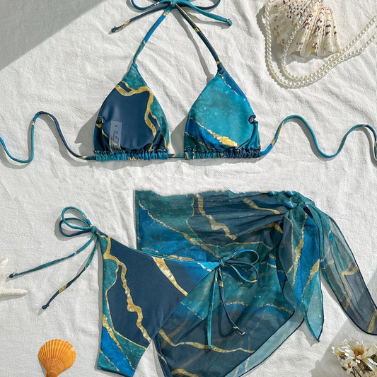 Marble-patterned Mesh Veil Detachable Strap Sexy Bikini Three-piece Set