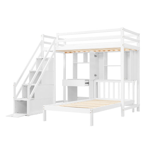 Wood House Bunk Bed 90x190 Cm,Bunk Bed, Double Bed, Multifunctional Children's Bed, Storage Space Function, With Desk And Shelves, With Slatted Frame, White