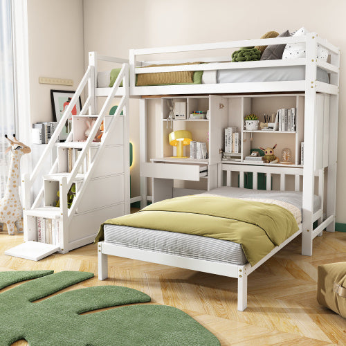 Wood House Bunk Bed 90x190 Cm,Bunk Bed, Double Bed, Multifunctional Children's Bed, Storage Space Function, With Desk And Shelves, With Slatted Frame, White