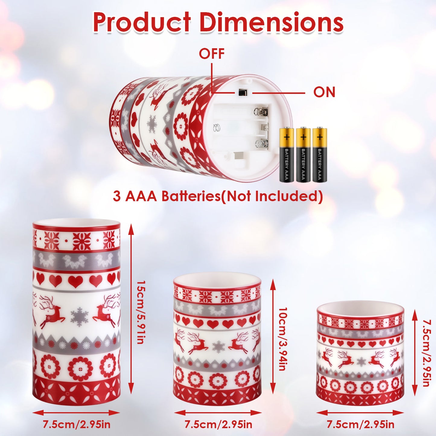 3Pack Christmas Flameless LED Candles Deer Flickering Candle Lights Pillar Candles With 3 Lighting Modes Timer Remote Control