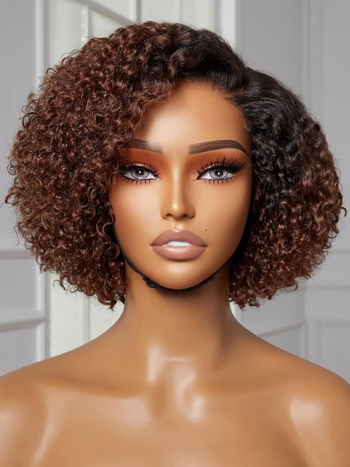 Wig Fashionable Synthetic Cap Brown Side-Parted Short Curly Hair African Curls