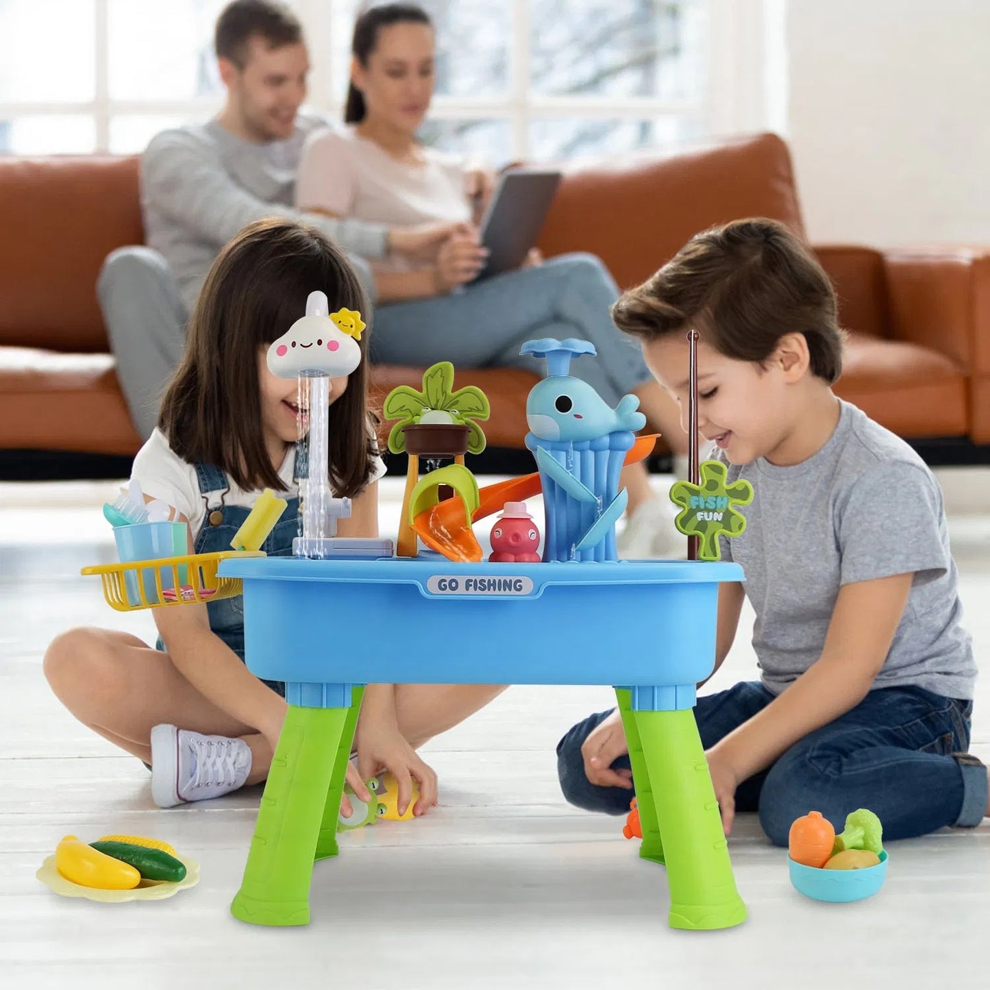 3 In 1 Kitchen Sink Toy With Electric Faucet Water Table Fishing Game Role Play Sink Set Indoor Outdoor For Kids Aged 3+ Years Old GPCT5464